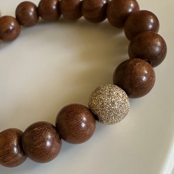 10mm Natural Wood Bead Stretch Bracelet w/ 14k Gold Filled Stardust Spacer - Picture 4 of 5